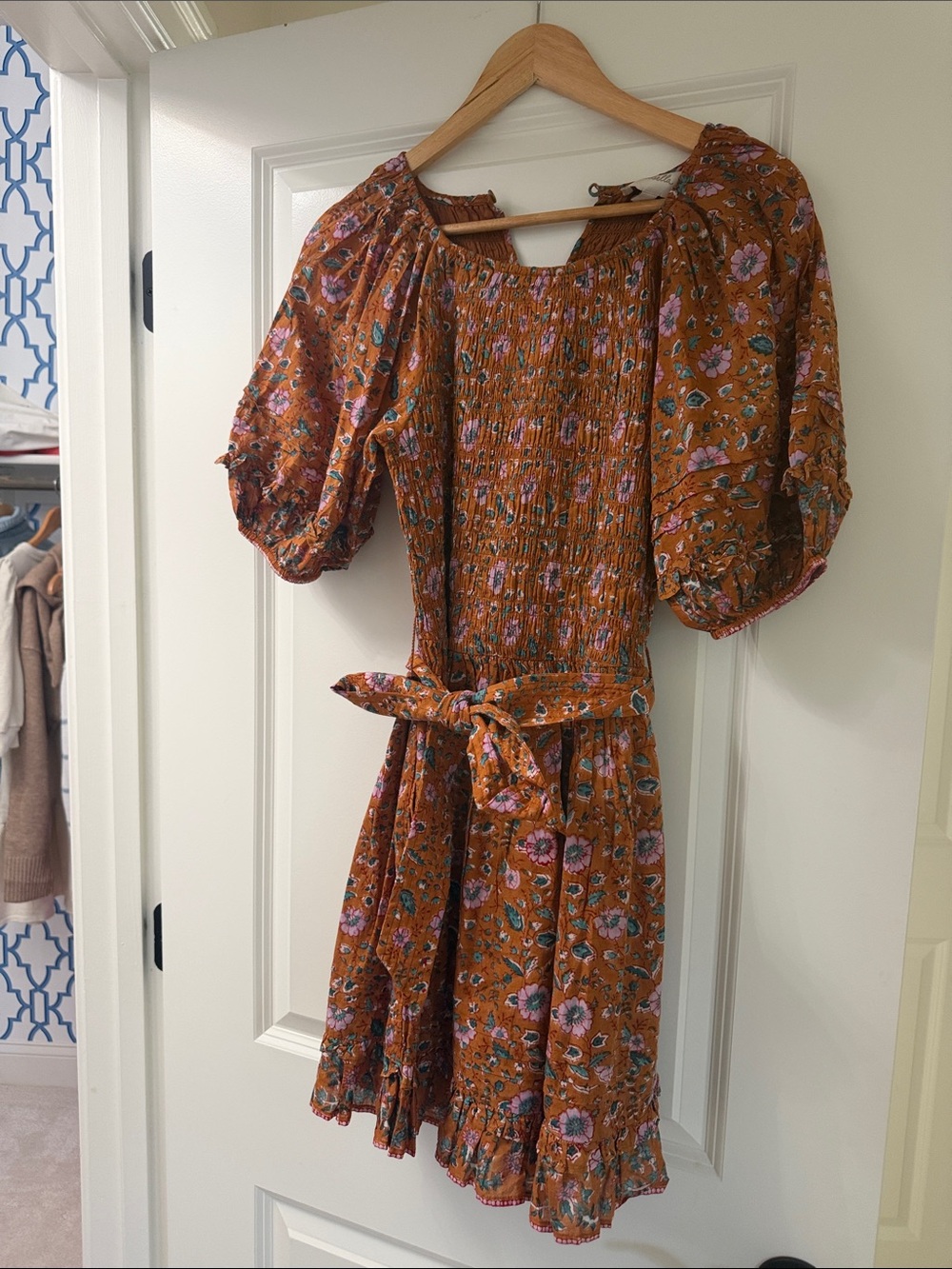Cleobella Rust Floral Smocked Mini Dress with Puff Sleeves